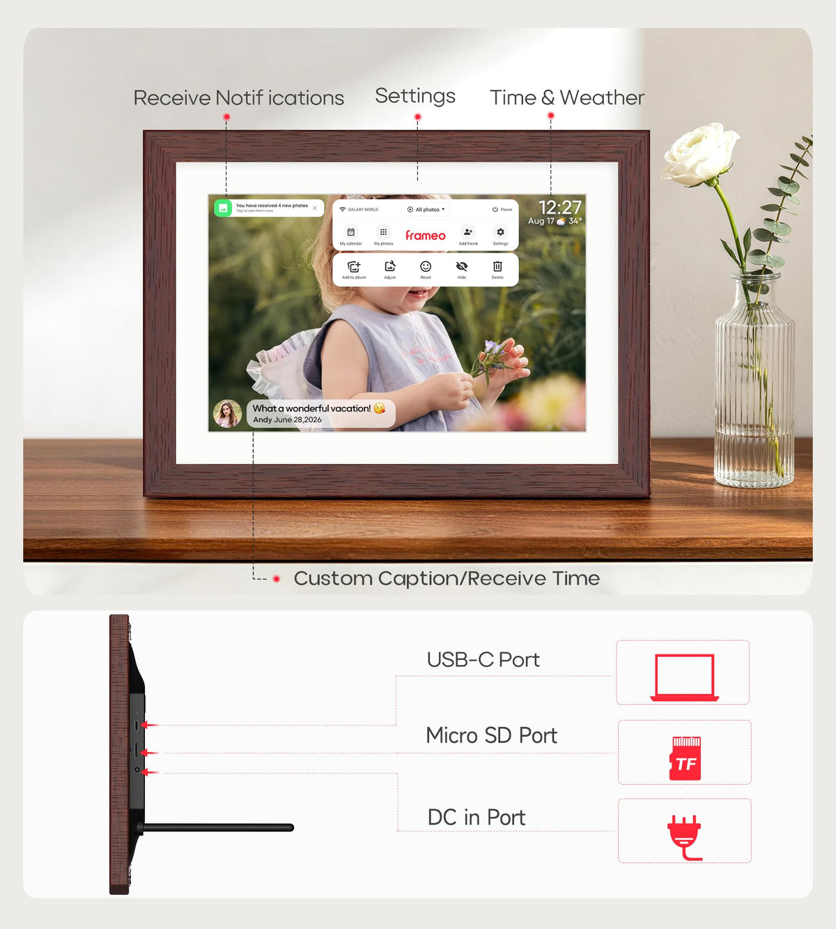 Frameo WiFi Digital Photo Frame 10.1 Inch - 1280x800 HD IPS Touch Screen Picture Frame Electronic, 32GB Memory, Auto Rotate, Wall Mountable, Digital PictureFrame for Sharing Photos and Videos
