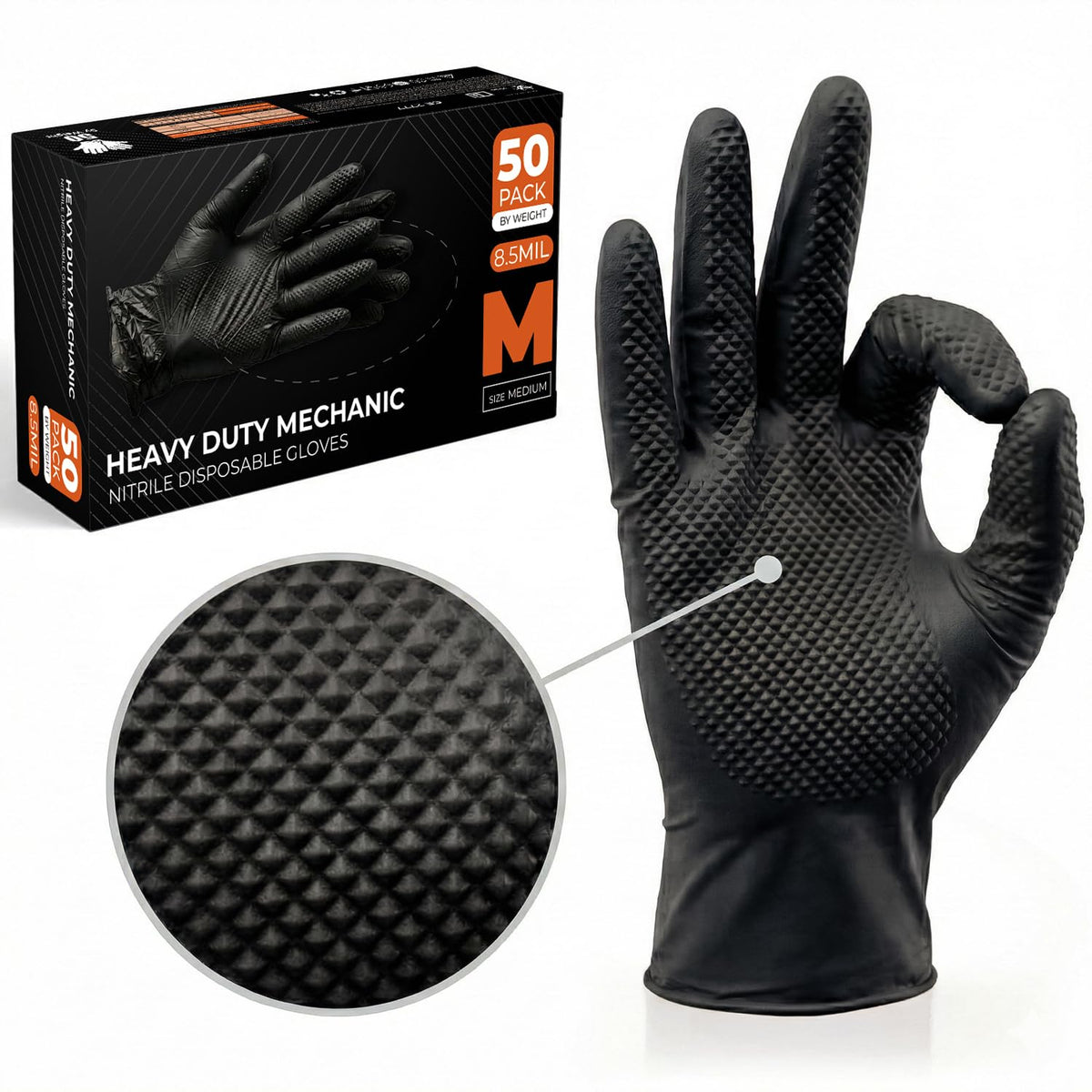 The Real Touch Nitrile Gloves, 50 Count, Heavy-Duty Disposable Mechanic Gloves, Diamond Textured, Latex & Powder-Free, Non-Slip, Extra Thick, Ideal for Automotive, Industrial Tasks (Black - 50, L)