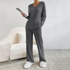 Lounge Wear Sets For Women Uk, Womens Pyjamas Set Long, Ladies Ribbed Loungewear Knit Outfits Womens Tracksuits 2 Piece Set V Neck Casual Casual Homewear