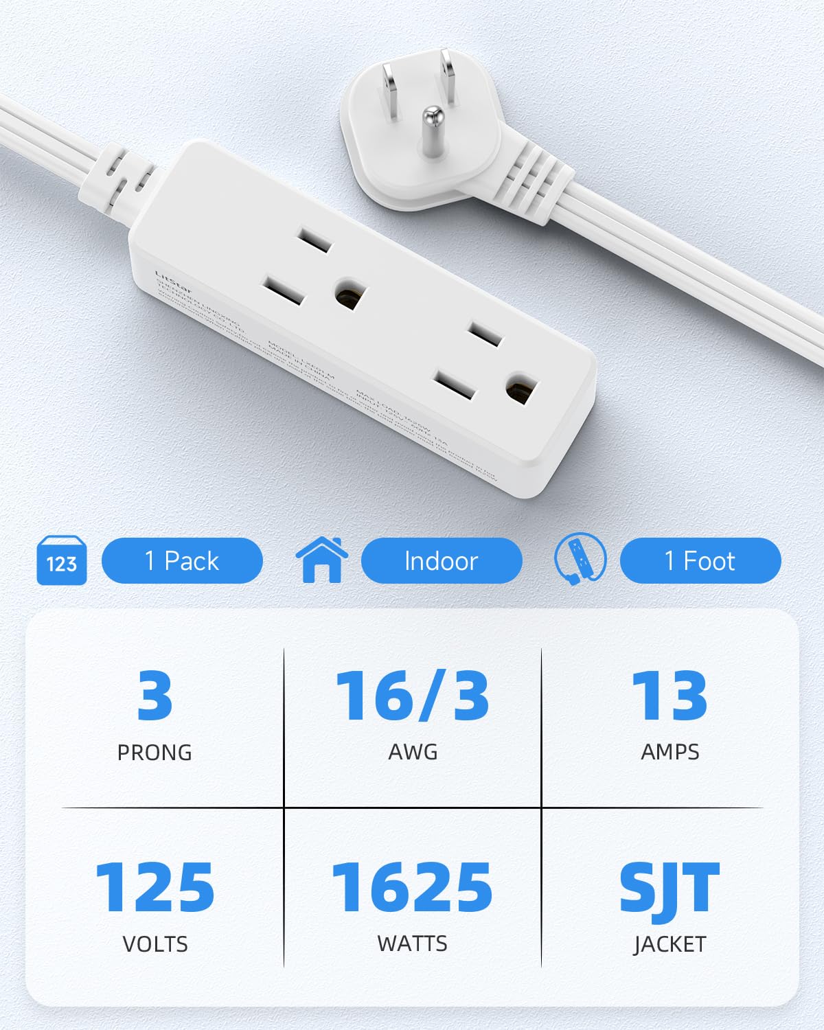 Flat Plug Extension Cord with 3 Outlets - 1Ft Low Profile Indoor 3 Prong Grounded Power Strip for Home Office & Travel - 16 AWG 13A/1625W, Black