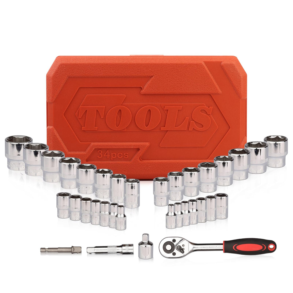 Egofine 46 Pieces 1/4 inch Drive Socket Ratchet Wrench Set, with Bit Socket Set Metric and Extension Bar for Auto Repairing and Household, with Storage Case