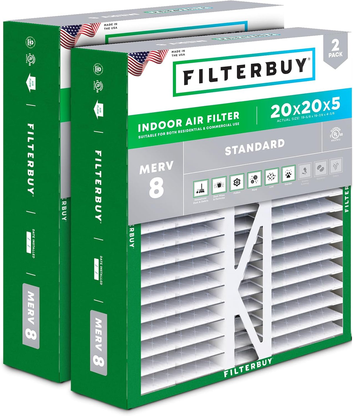 Filterbuy 22x24x5 Air Filter MERV 8 Dust & Allergy Defense (2-Pack)