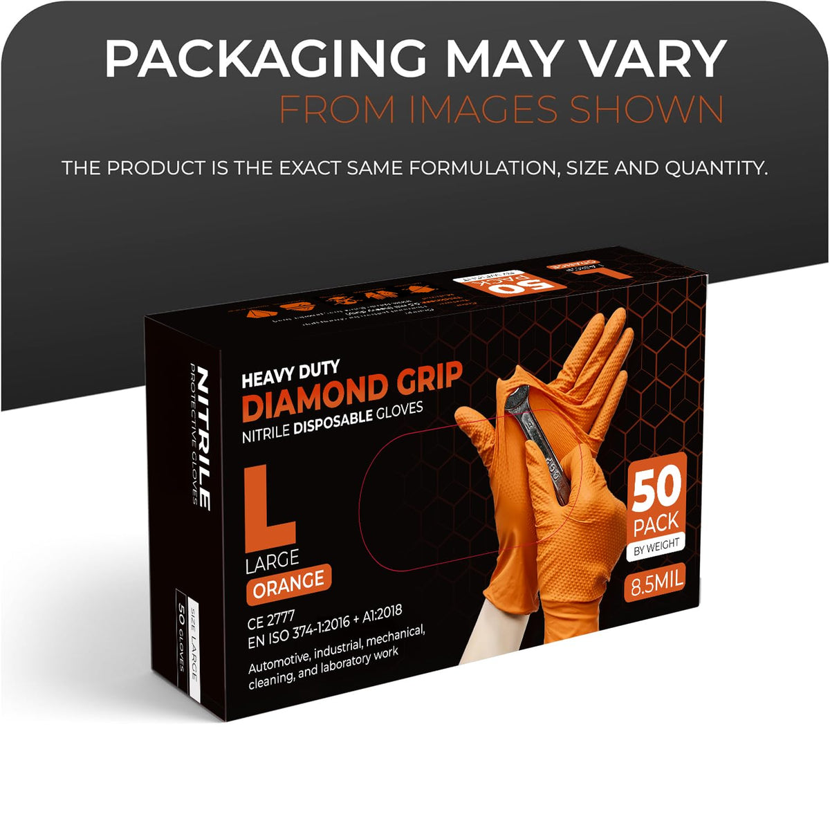 The Real Touch Nitrile Gloves, 50 Count, Heavy-Duty Disposable Mechanic Gloves, Diamond Textured, Latex & Powder-Free, Non-Slip, Extra Thick, Ideal for Automotive, Industrial Tasks (Black - 50, L)