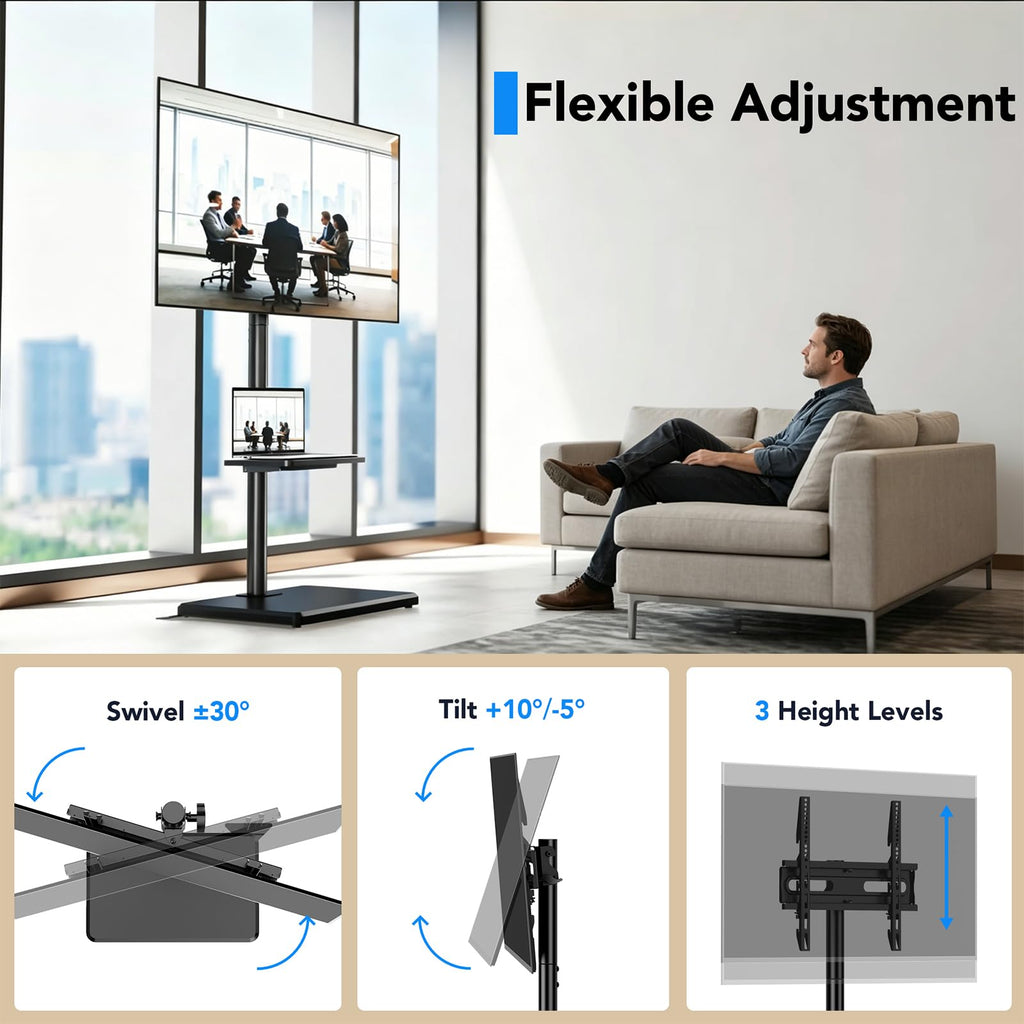 Floor TV Stand with Mount for 26-55 inch TVs up to 35 kg, Height Adjustable Swivel Tilt TV Stand with Wood Base & Shelf, Saving Space Design for Bedroom, Living Room and Corner, White