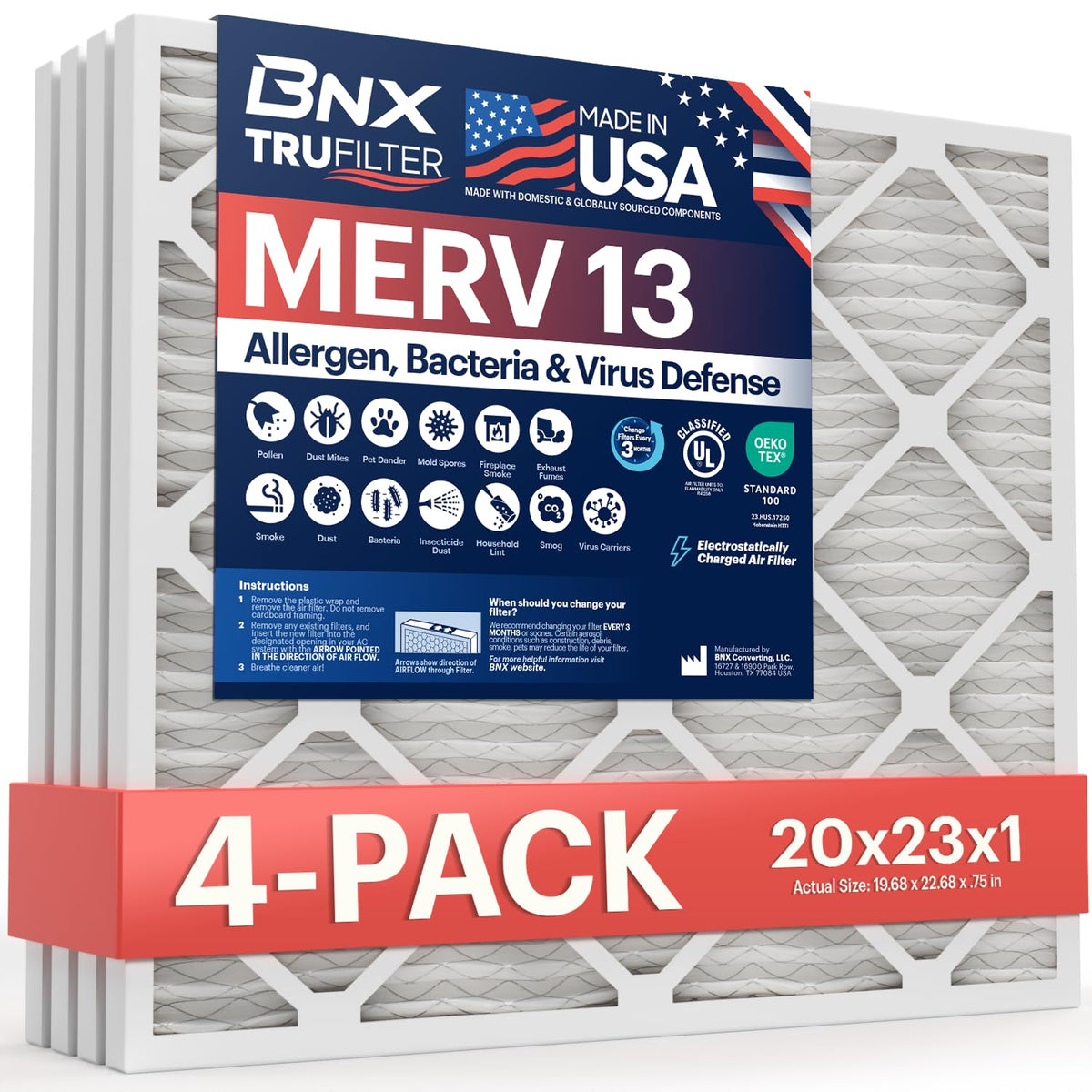 BNX TruFilter 20x20x1 Air Filter MERV 13 Smoke, Allergy, Pet Defense 6-Pack