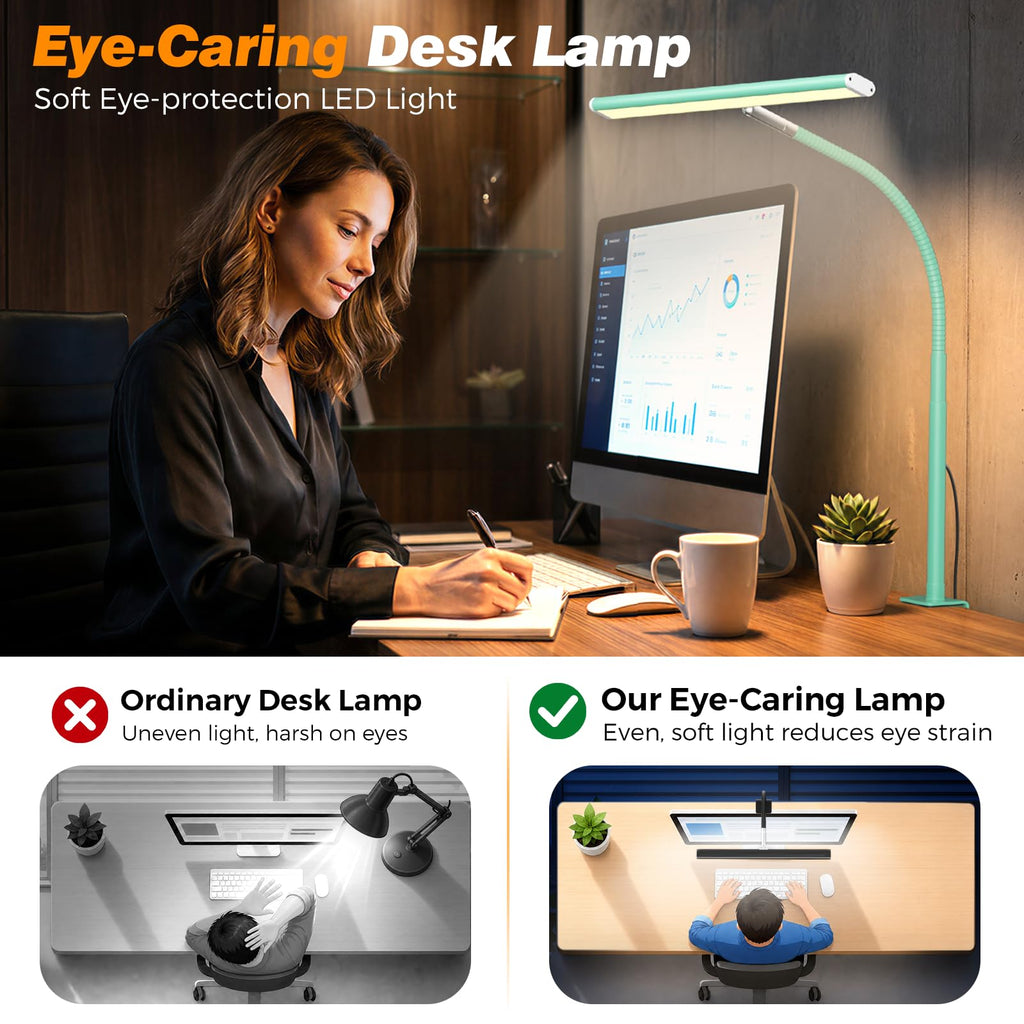 Airlonv LED Desk Lamp with Clamp, 17" Stepless Dimming Light, Black