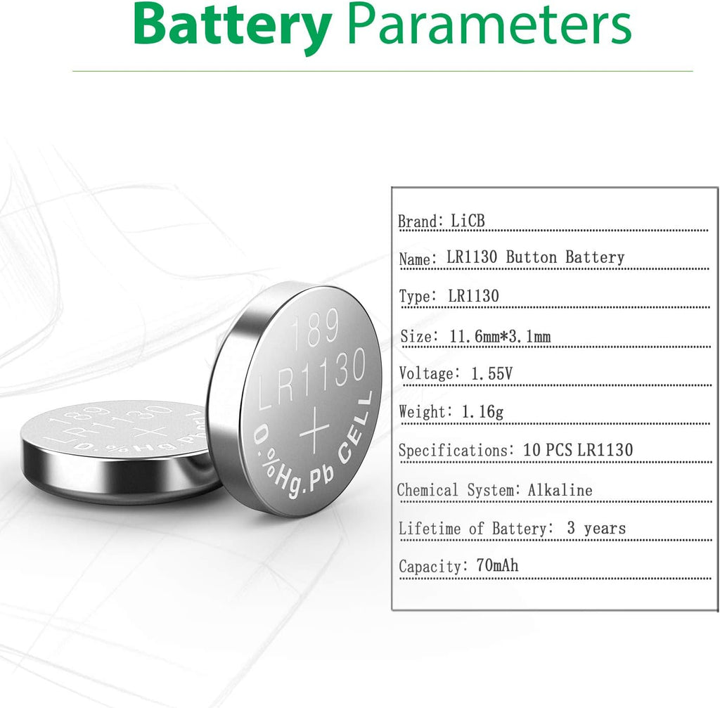 LiCB 10 PCS LR1130 AG10 SR1130 LR54 Battery 1.5V Button Coin Cell Batteries,Used in Many Small Electronics, Watch, Calculators, Toys