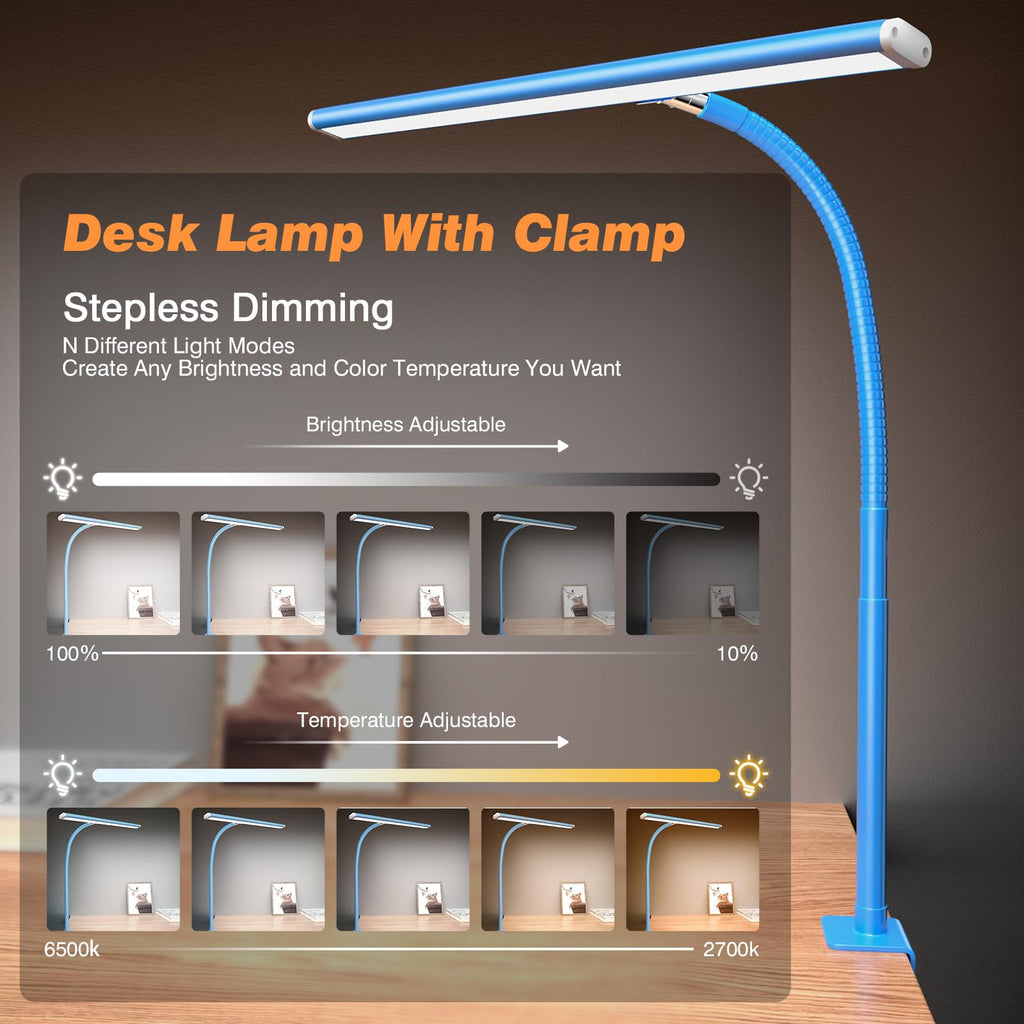 Airlonv LED Desk Lamp with Clamp, 17" Stepless Dimming Light, Black