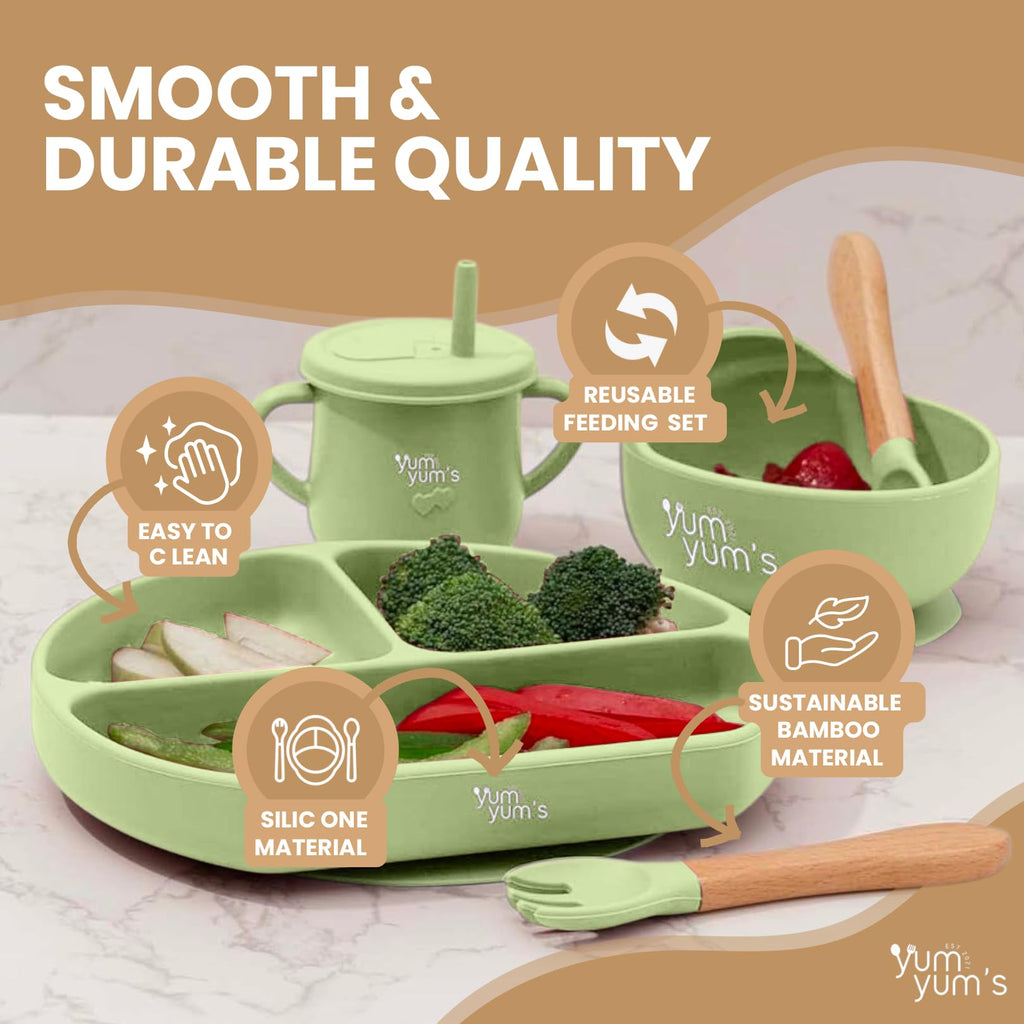 Yum Yum's Baby 10 Pcs Blue Weaning Set - Complete Toddler Feeding Kit w/Sectioned Plate, Suction Bowls, Cutlery with Mouth Guard, Straw Cup, Bib & Mat - Non-Slip - for Toddlers & Baby Gift