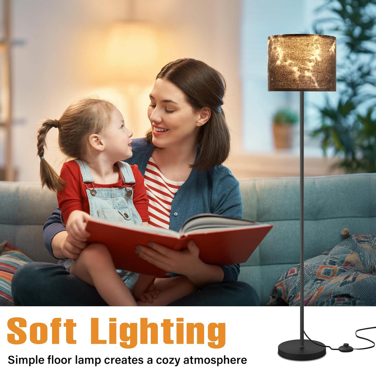 Ambimall Floor Lamp for Living Room with Smart Light Bulb, RGB + Stepless Dimmable Colors Temperature & Brightness(White Shade & Black Pole)