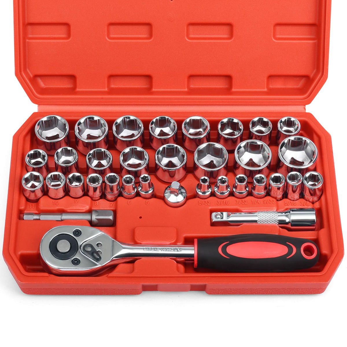 Egofine 46 Pieces 1/4 inch Drive Socket Ratchet Wrench Set, with Bit Socket Set Metric and Extension Bar for Auto Repairing and Household, with Storage Case