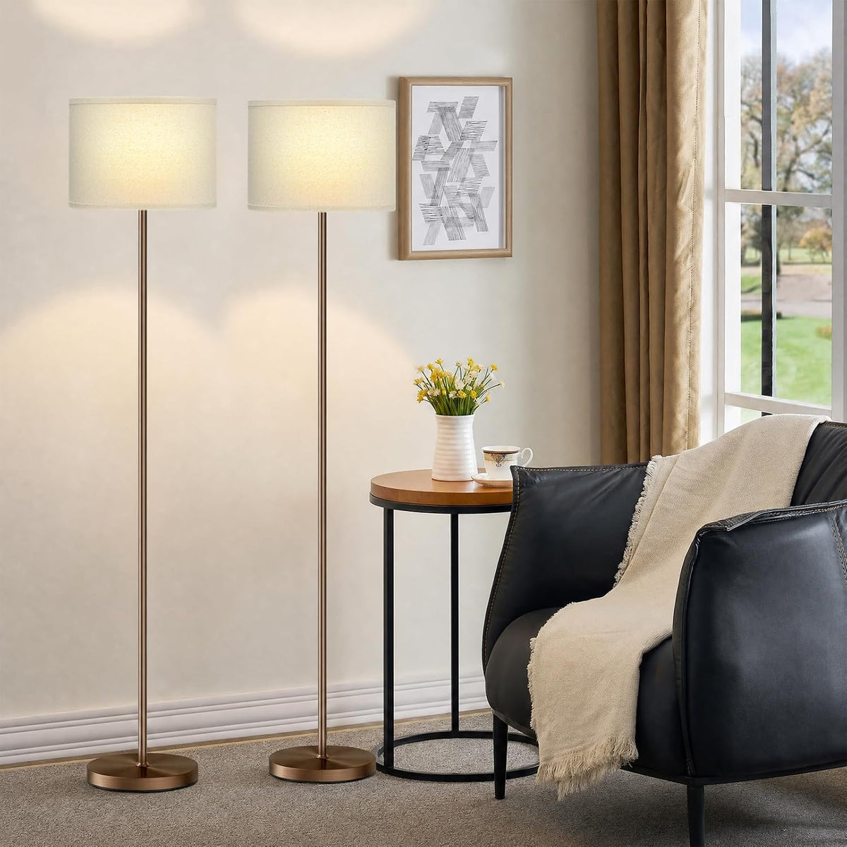 Ambimall Floor Lamp for Living Room with Smart Light Bulb, RGB + Stepless Dimmable Colors Temperature & Brightness(White Shade & Black Pole)