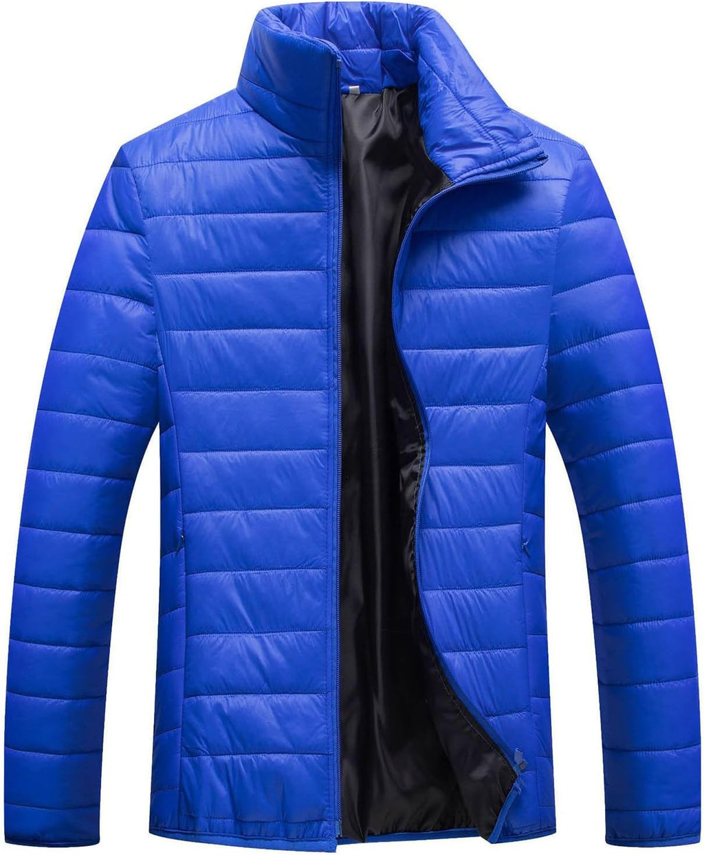 Men Winter Warm Down Jacket Long Sleeve Quilted Coats Casual Puffer Jackets Mens Outdoor Ski Hiking Windproof Stand Collar Full Zip Outwear Solid Color Thermal Coat