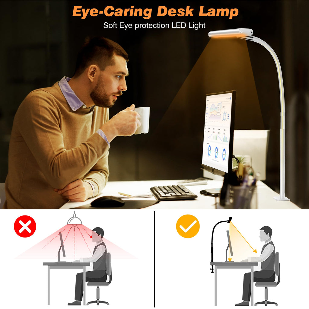 Airlonv LED Desk Lamp with Clamp, 17" Stepless Dimming Light, Black