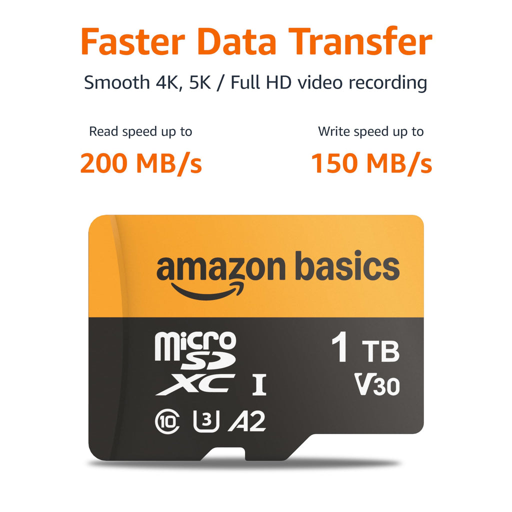 Amazon Basics microSDXC Memory Card, 64GB, A2, U3, 100MB/s Read Speed, Black, 2-Pack