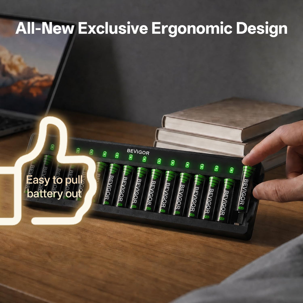 BEVIGOR 12 Slot Battery Charger with 12 Pack AA Rechargeable Batteries