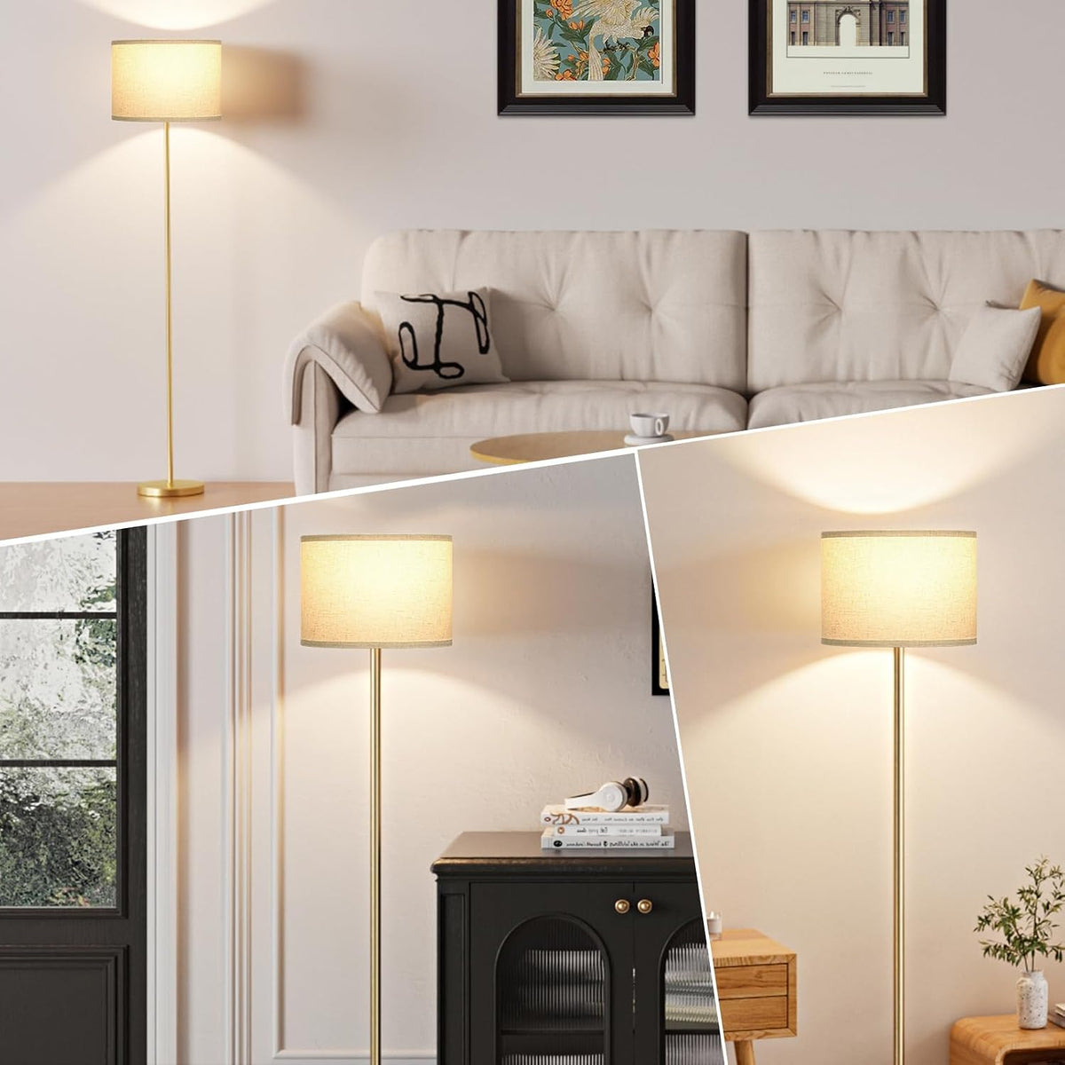 Ambimall Floor Lamp for Living Room with Smart Light Bulb, RGB + Stepless Dimmable Colors Temperature & Brightness(White Shade & Black Pole)
