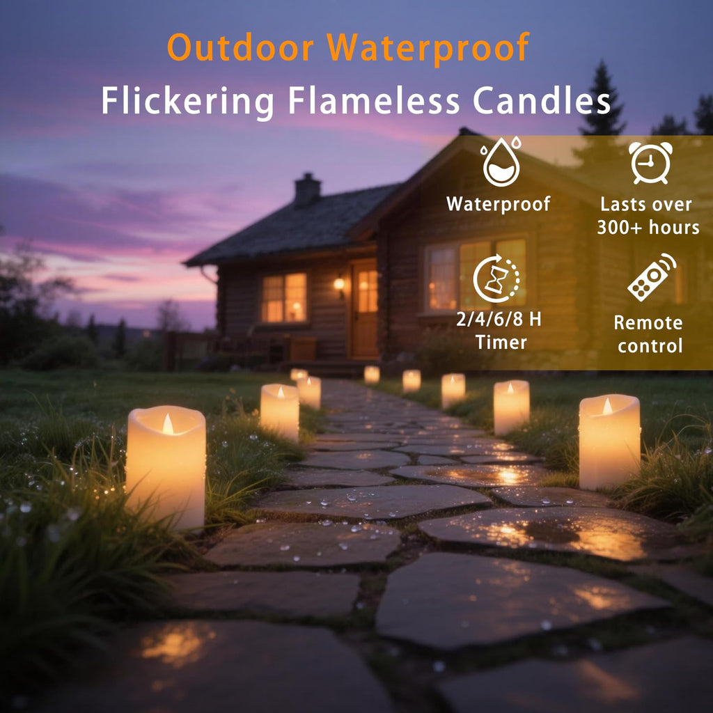 Outdoor Flameless Candles, Patented 3D Dual-LED, Set of 2 Slanted Plastic Pillars with Remote, Waterproof Non-Melting Battery Operated Decor for Bathroom Bedroom Gift, Black (D3 x H6)