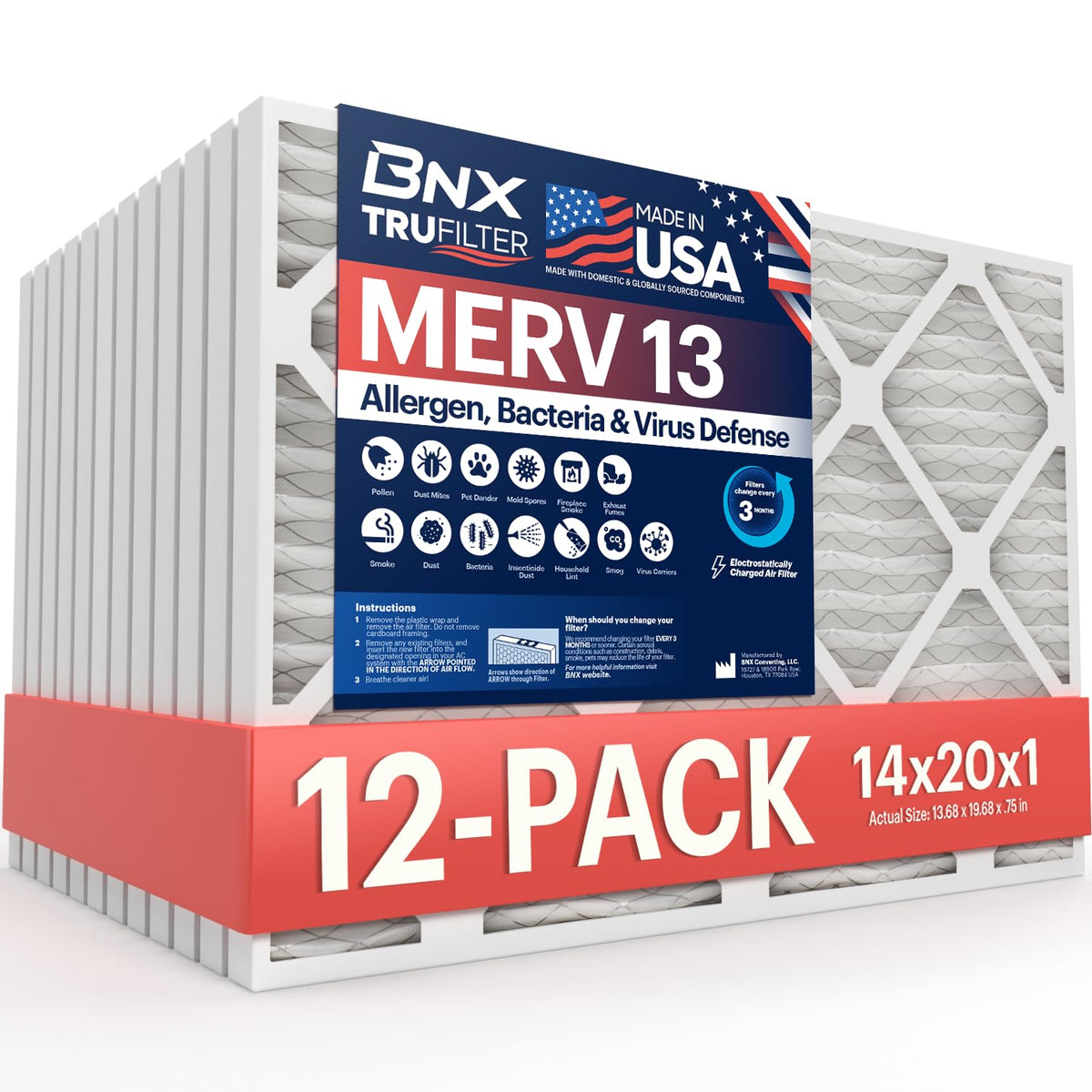 BNX TruFilter 20x20x1 Air Filter MERV 13 Smoke, Allergy, Pet Defense 6-Pack