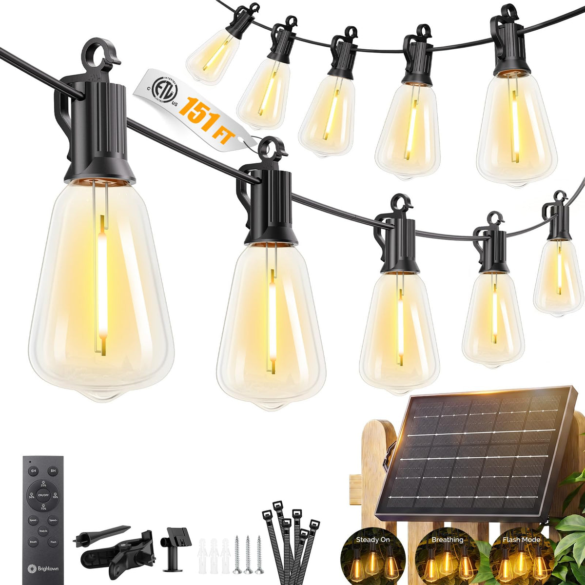 Brightown 52FT Solar String Lights Outdoor Waterproof, Last 30+ Hrs Runtime