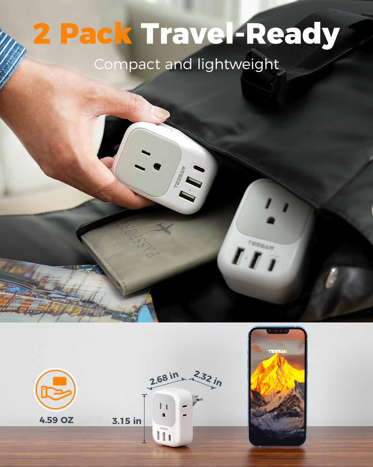 TESSAN European Travel Plug Adapter 2 Pack, Type C Plug