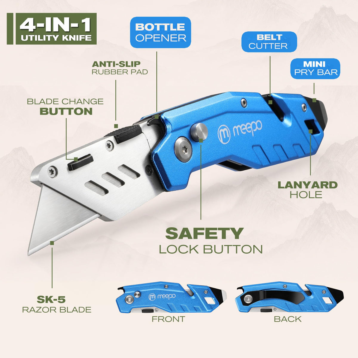 M MEEPO 4-Pack Box Cutter, Colorful Folding Utility Knife w/ 10 pcs Blades