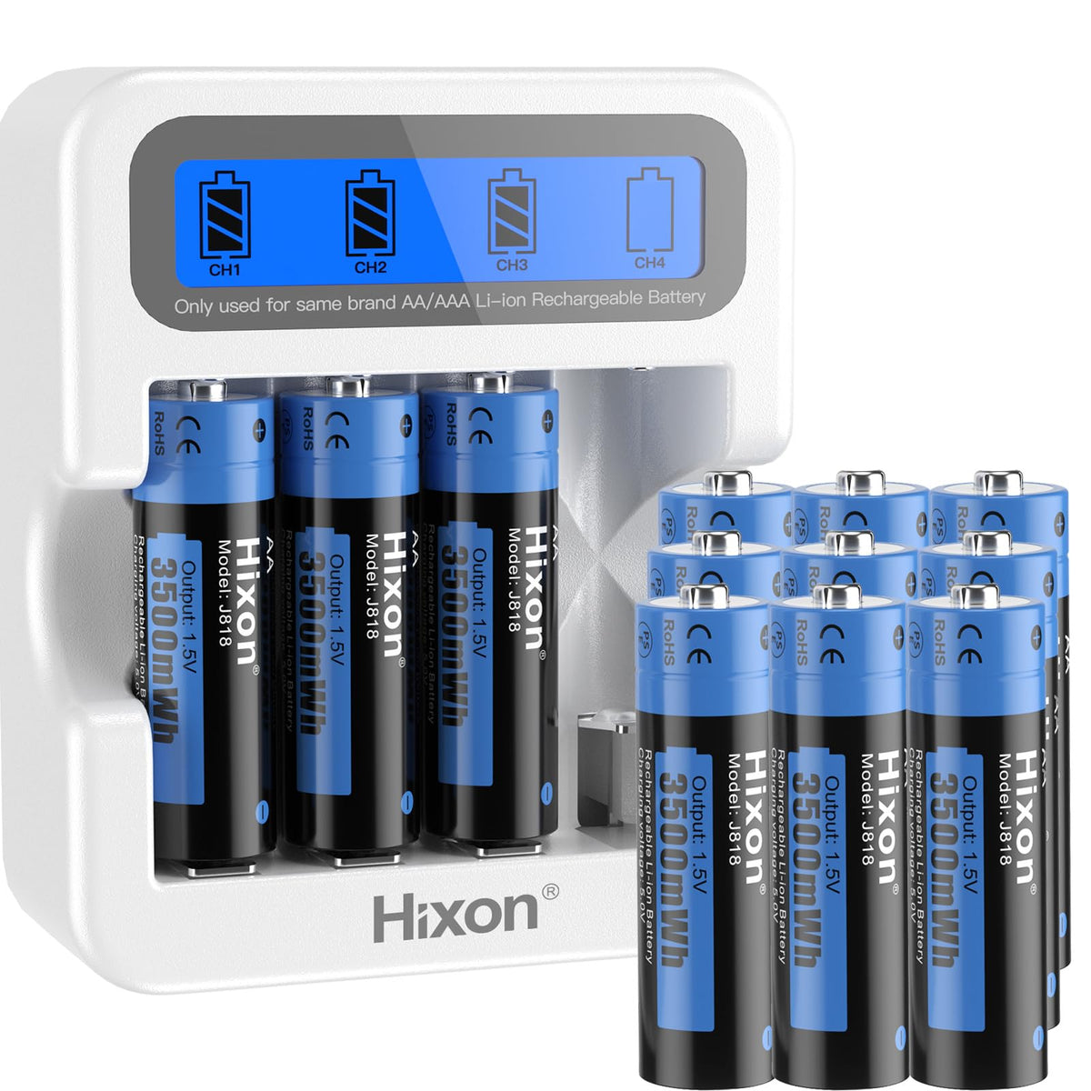 Hixon AA Rechargeable 1.5V Lithium Battery 4 Pack with LCD Charger, 3A High Current Output,3500mWh High Capacity, Constant Output,1600 Cycles,Long Lasting