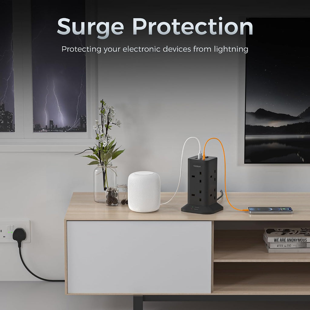 TESSAN Tower Black Extension Lead with USB C Slots