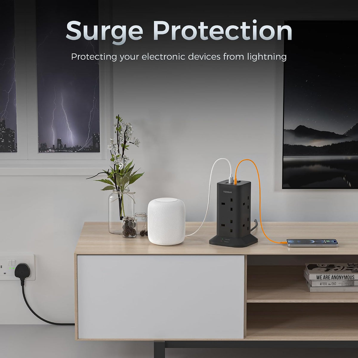 TESSAN Tower Black Extension Lead with USB C Slots