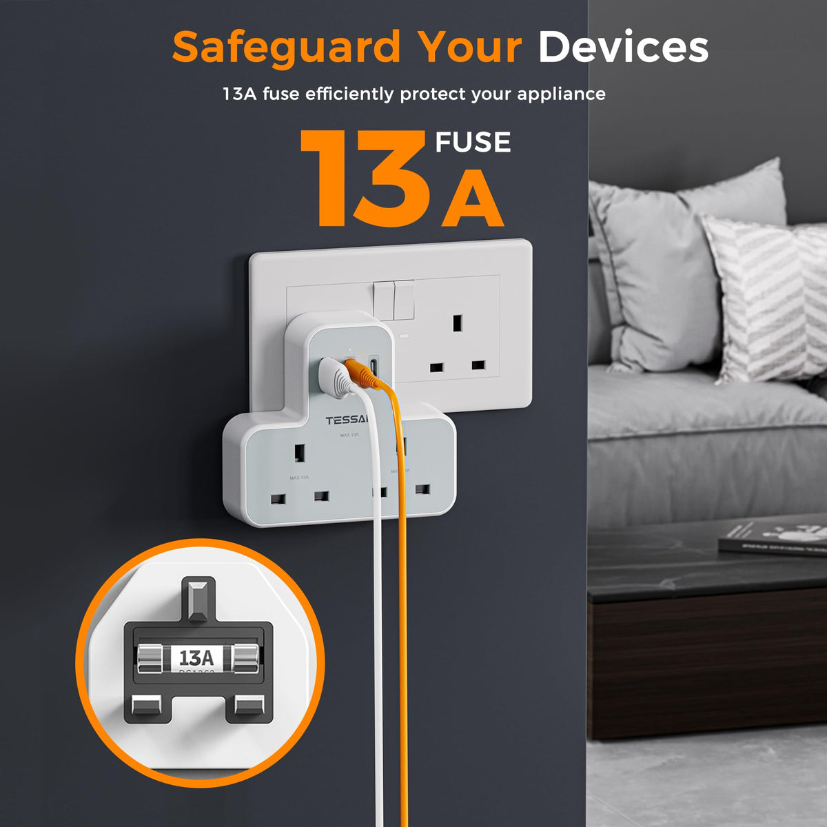 TESSAN Plug Adapter with 3 USB Ports, 2 Way MultiPlug Extension