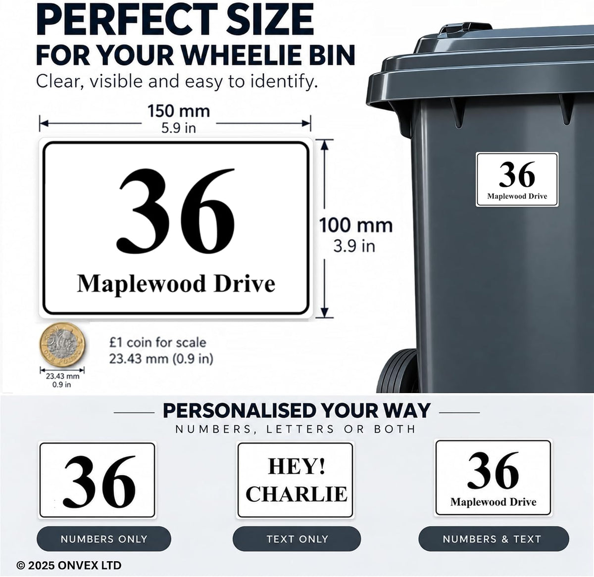 Set of 4 Personalised Wheelie Bin Stickers, Custom Bin Number Stickers with House Number and Street Name, Waterproof Labels for Rubbish and Recycling Bins, Easy Apply, 100 x 150mm (Style - Classic)