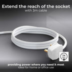 Masterplug Four Socket Extension Lead, 3 Metre Cable, Unswitched, 4-Way Plug Extension Cable, Power Strip, Basic Power, White, 13A, 4G, 3m, BFG3N