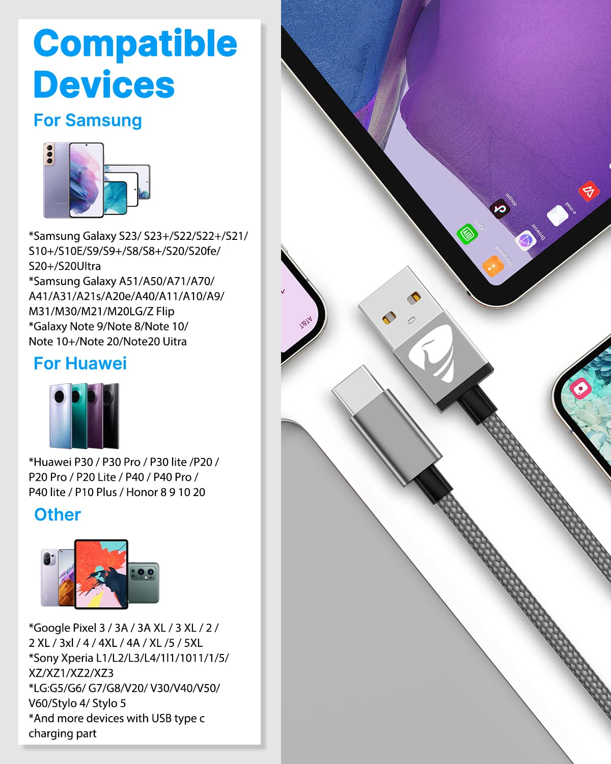 USB C Charger Cable 3M 2Pack Type C Charger Fast Charging 3A Lead Braided for Samsung Galaxy S23 S22 S21 S20 S10 S9 S8 A12 A13 A20e A21s A53 A70,Google Pixel 7 6,Huawei P30 P40,Sony Xperia,Switch,PS5
