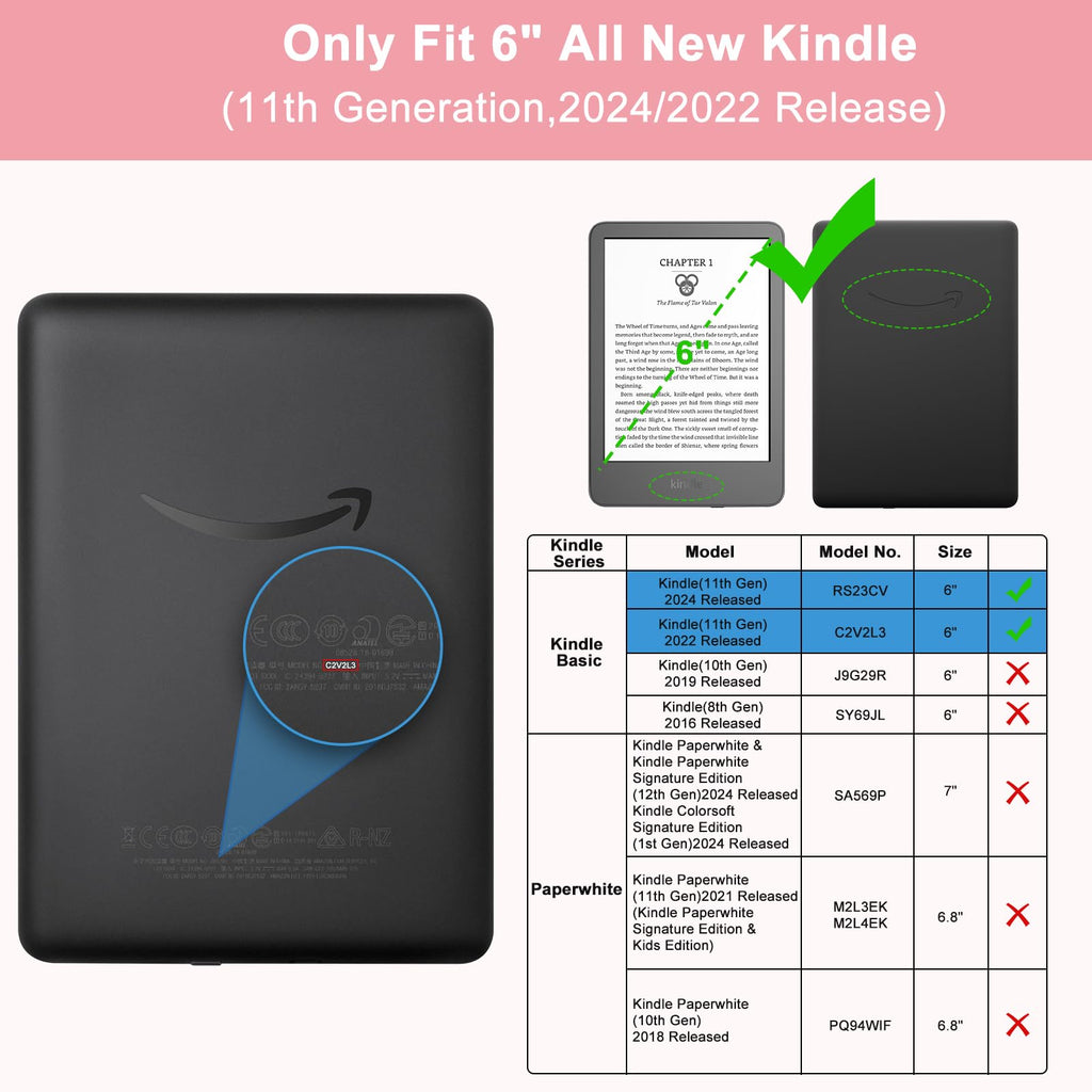 TQQ Case Fits 6" Amazon Kindle 11th Generation 2024 and 2022, Premium Slim and Lightweight Cover, Full Protection, Auto Sleep/Wake, Magnetic Closure (NOT fit Paperwhite or Oasis)