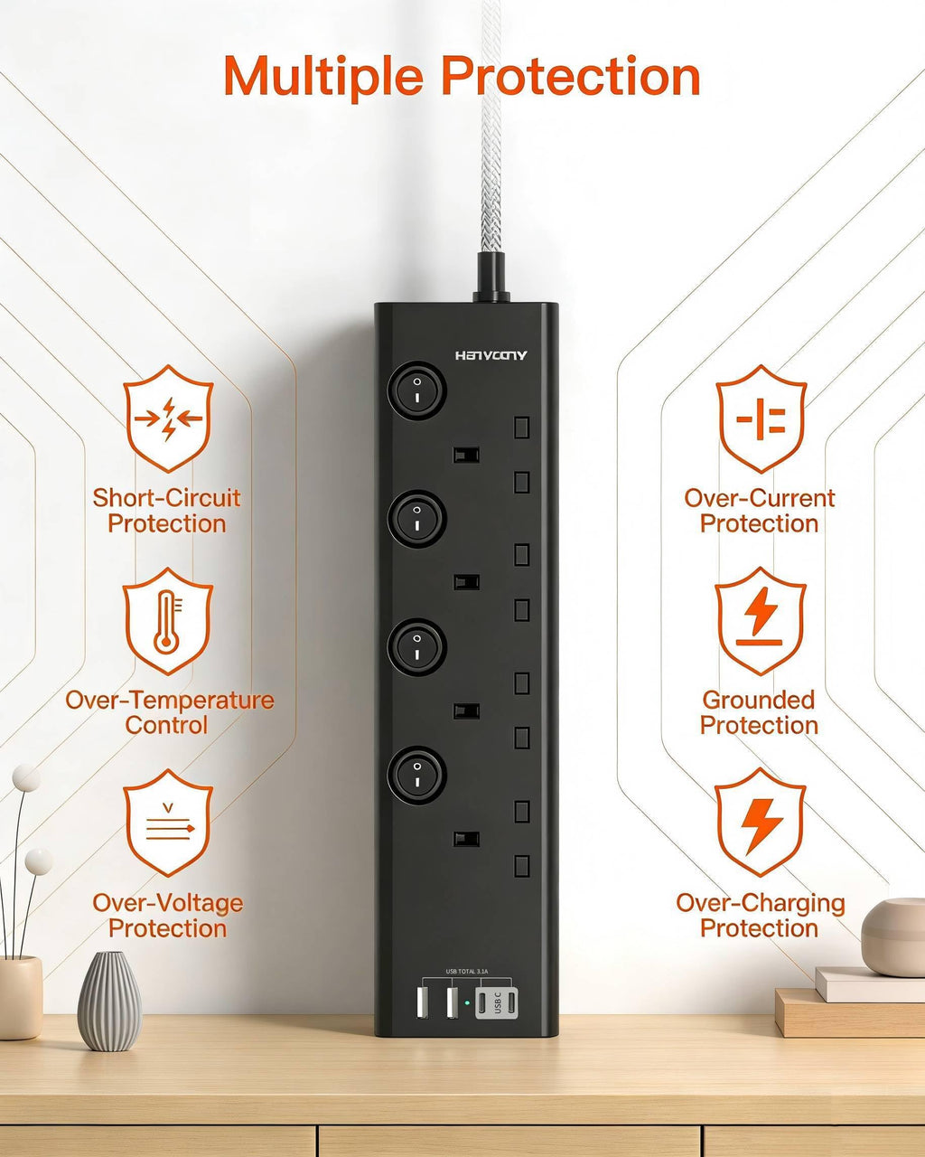 Black Extension Lead with 4 USB Slots(2 USB C), 4 Way Plug Extension Socket