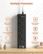 Black Extension Lead with 4 USB Slots(2 USB C), 4 Way Plug Extension Socket