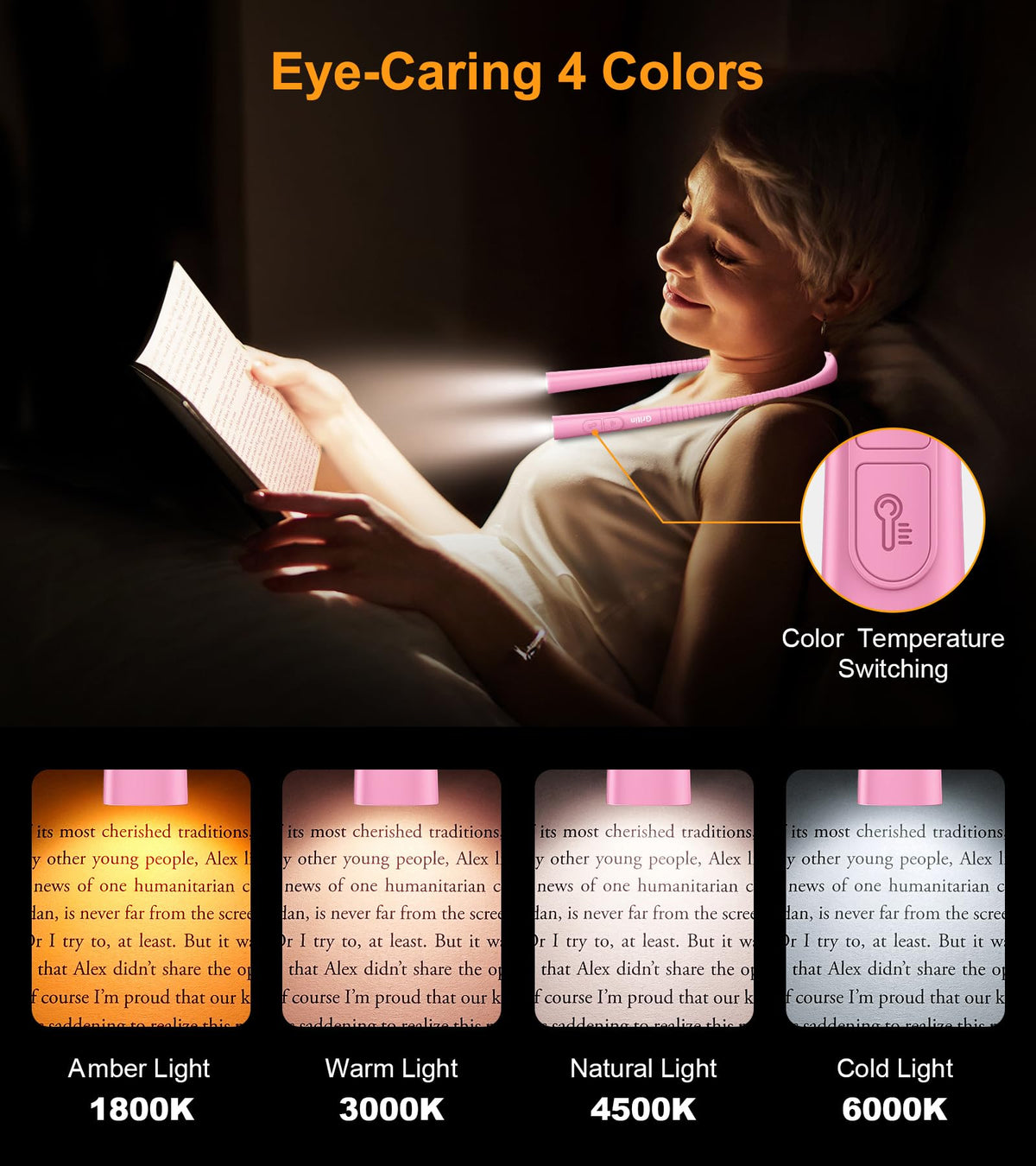 Gritin Book Light, Eye Caring 4-Color&5-Brightness Neck Light Reading Light