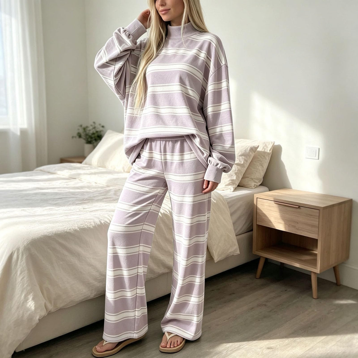 Striped Lounge Wear Sets for Women UK 2 Piece Outfits Loungewear Travel Matching Pyjamas Sets Mock Neck Oversized Knitted Jumper Long Sleeve Top and Wide Leg Pants Fall Winter