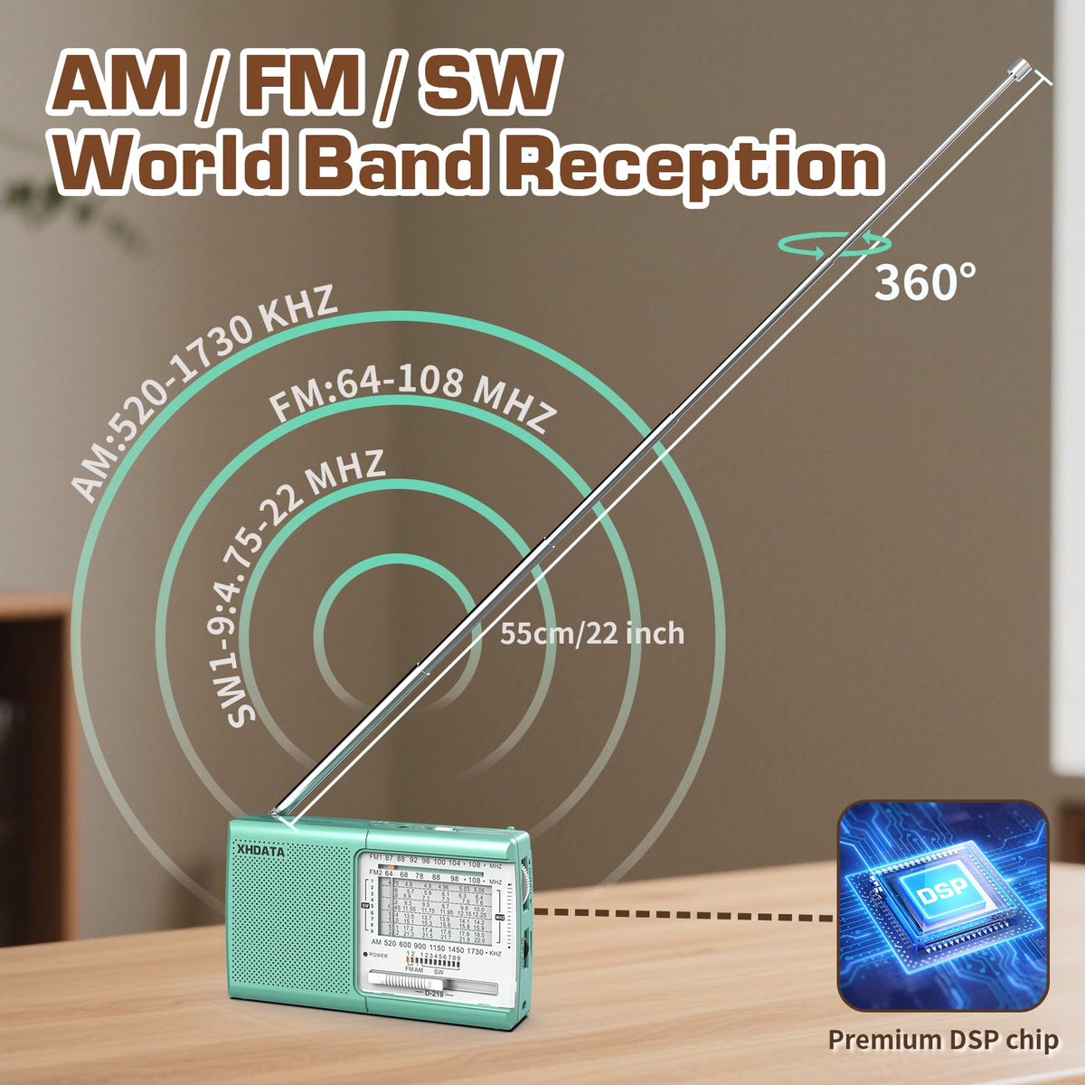 XHDATA D219 Portable Radio Retro FM AM SW Radio Battery Operated for Household Outdoor Camping Hiking Pocket Radio Beige