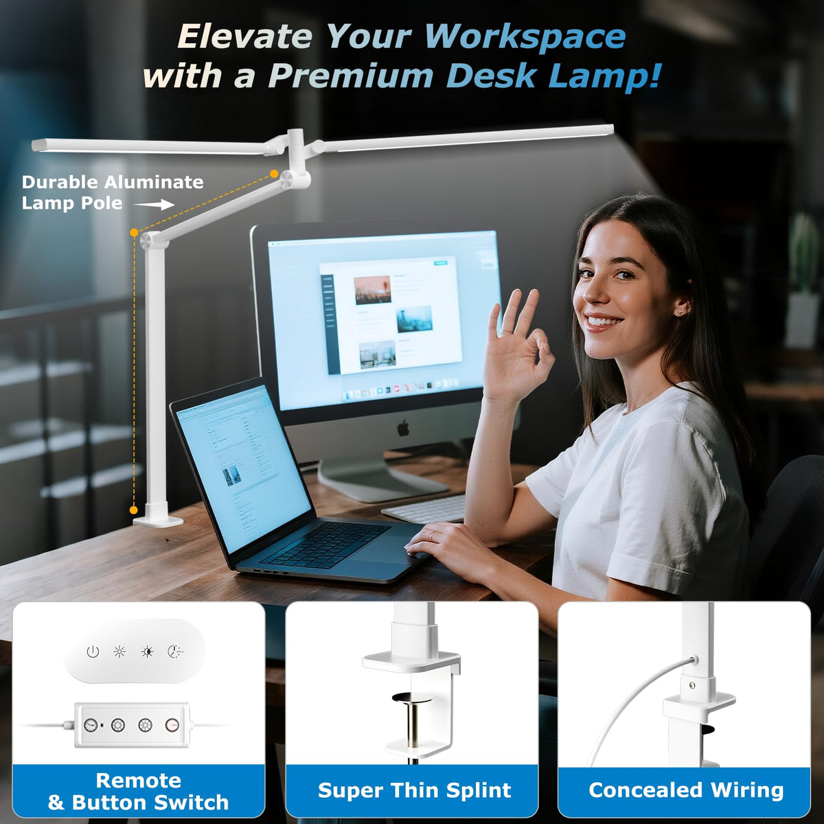Airlonv LED Desk Lamp with Clamp, 17" Stepless Dimming Light, Black