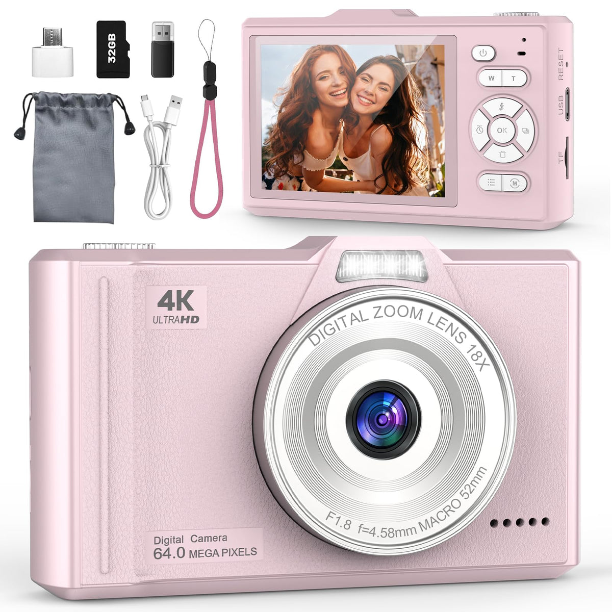 Digital Camera 4K 64MP Portable Vlogging Camera with 32GB SD Card