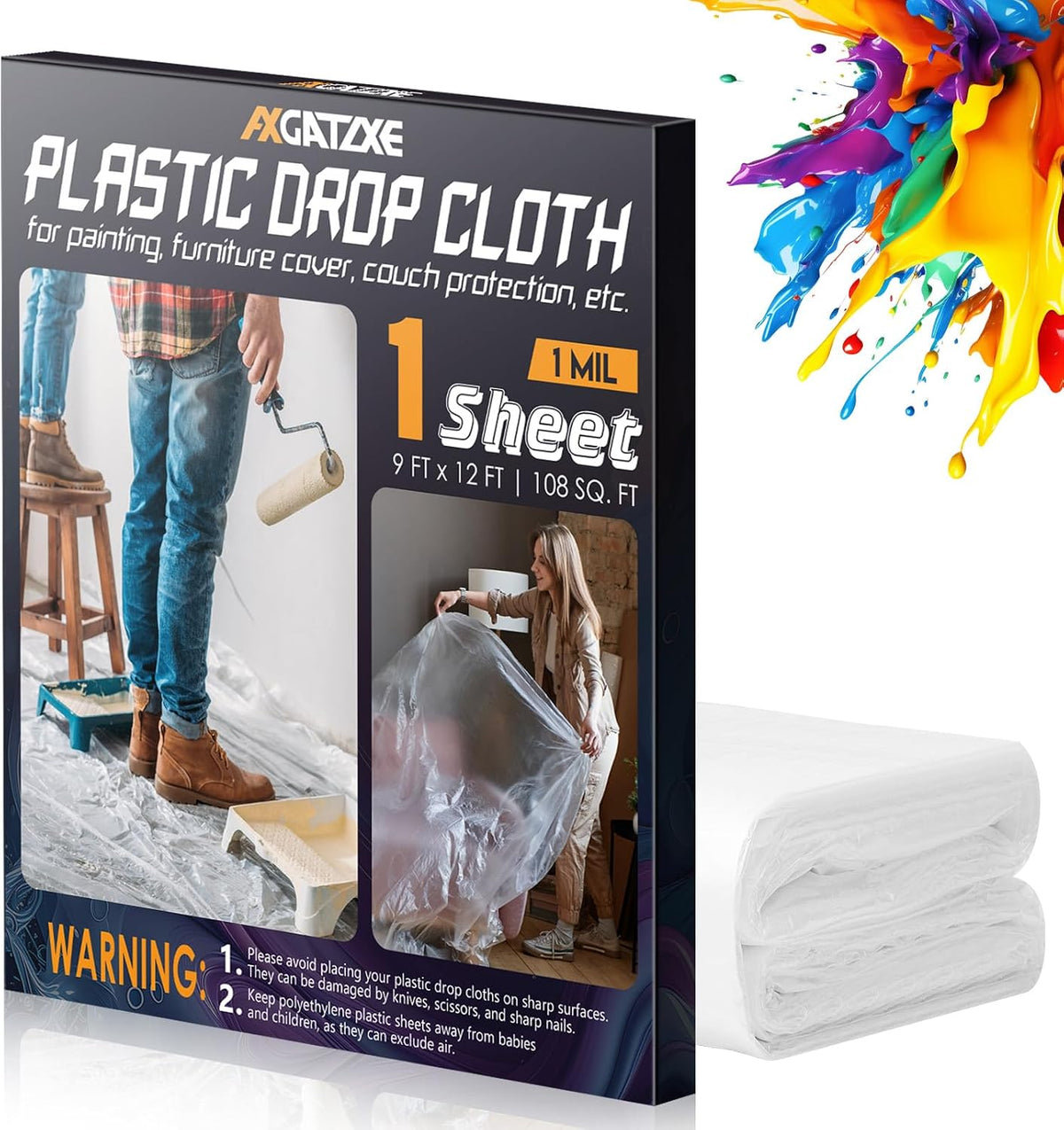 Axgatoxe 12 x 9 Ft Plastic Drop Cloths for Painting (10-Pack)