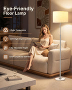 Ambimall Floor Lamp for Living Room with Smart Light Bulb, RGB + Stepless Dimmable Colors Temperature & Brightness(White Shade & Black Pole)