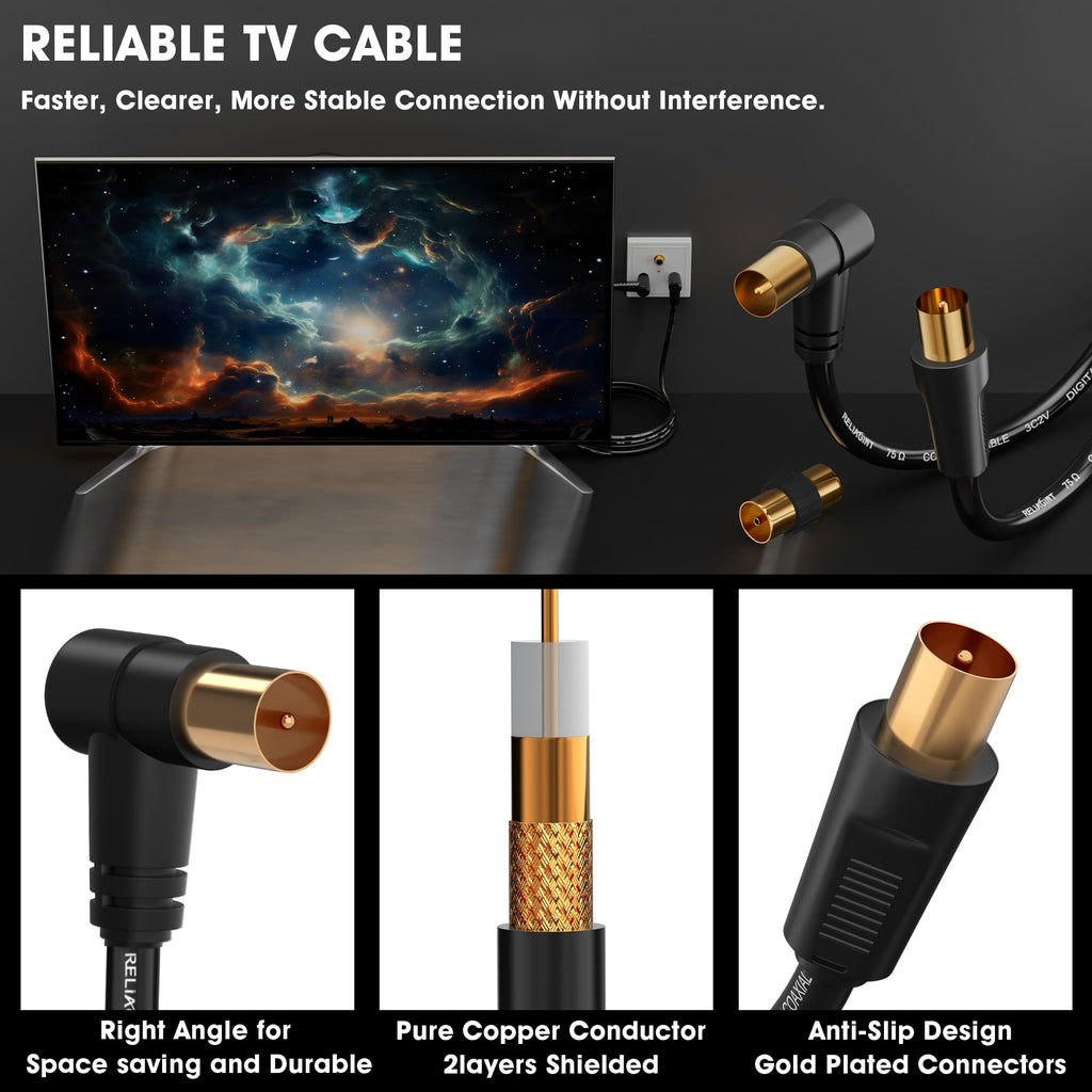 TV Aerial Cable 10m, 75 Ohm Coaxial Lead, IEC 9.5mm Male to Male 3C2V Pure Copper Dual Shielded, Right-Angle Connector, Female to Female Adaptor Included, Black