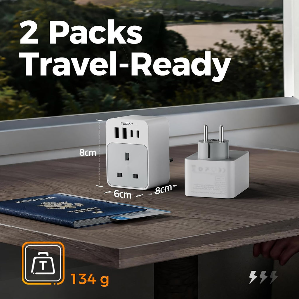 TESSAN UK to European Plug Adapter 2 Pack, EU Travel Plugs with USB C