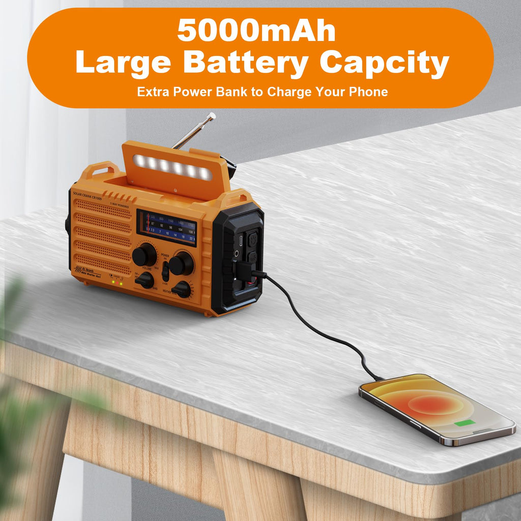 Mesqool Portable Wind Up Hand Crank and Solar Powered Radio with USB Phone Charger, Emergency Radio with SOS Alarm and Flashlight, AM/FM/SW Radio with 12000mAh Rechargeable Battery for Outdoor