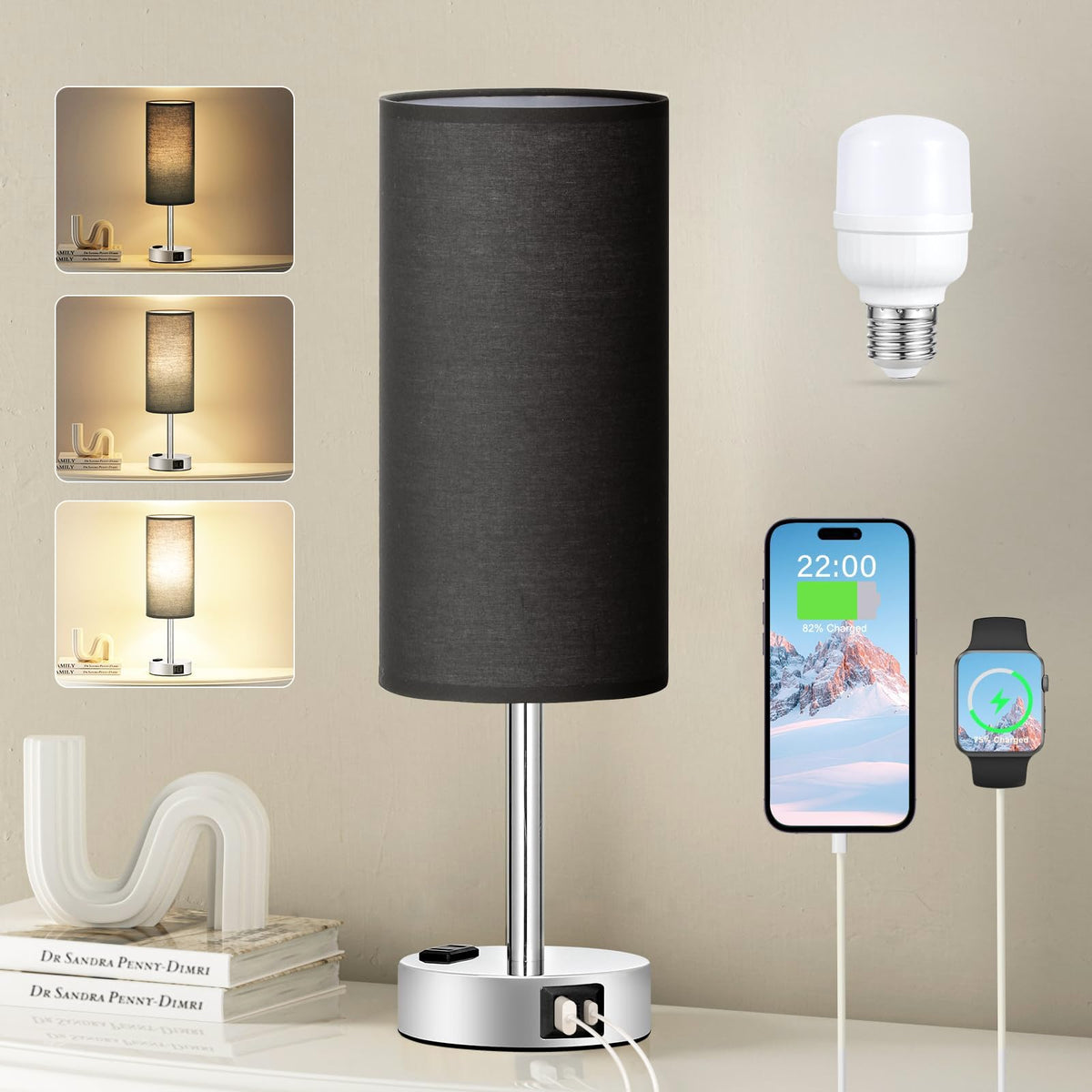 Fenmzee Bedside Table Lamp Set of 2 - Dimmable Touch, USB A+C, AC Outlet