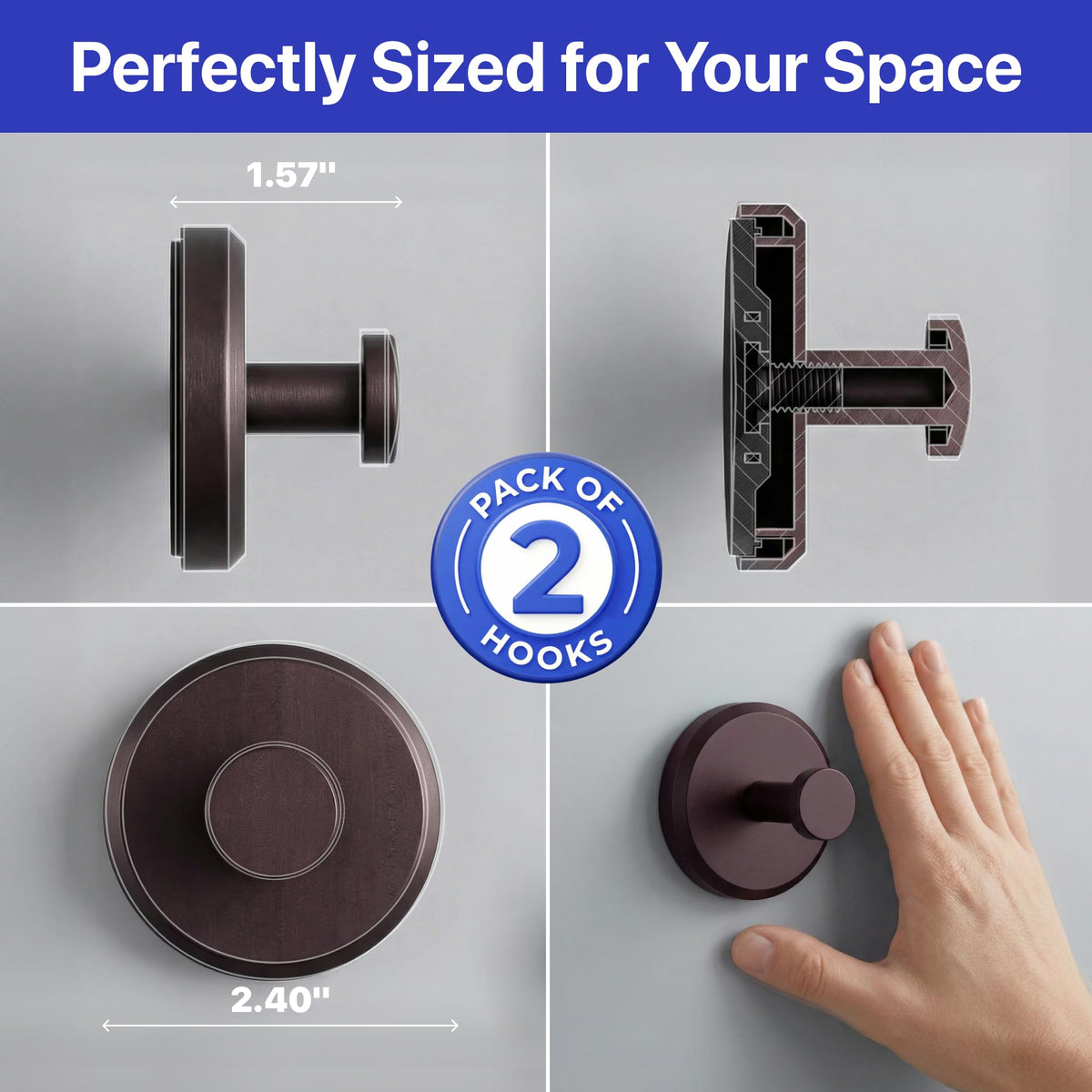 HOME SO Suction Cup Hooks for Shower & Bathroom Towel Holder 2-Pack Black