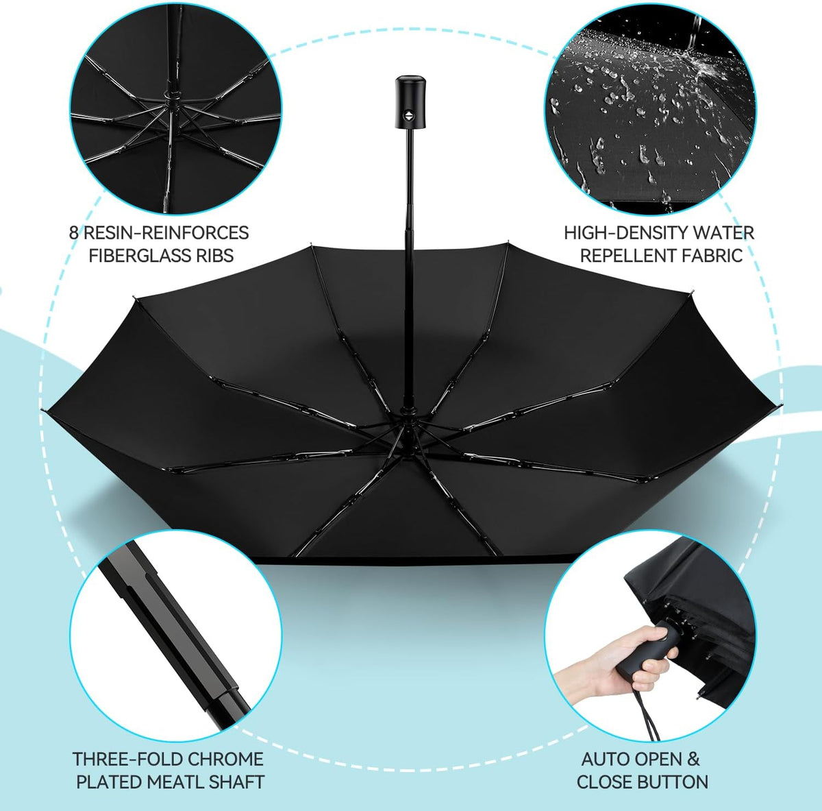 TechRise Umbrella, Compact Strong Windproof Automatic Umbrellas, Folding Lightweight, Portable Travel Golf Umbrella for Rain