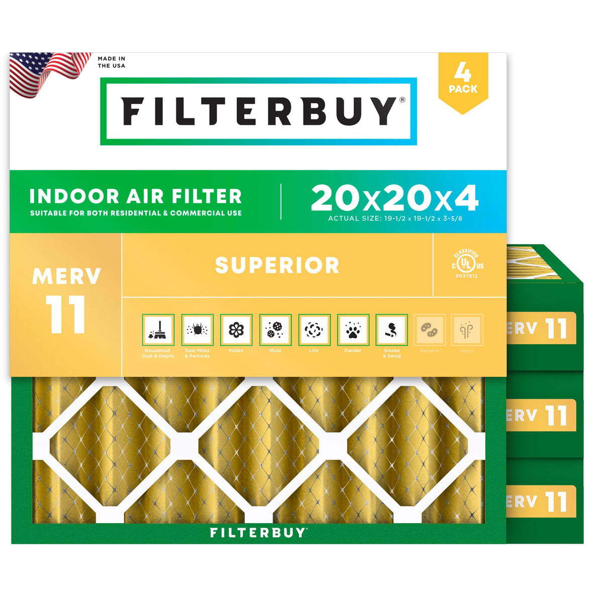 Filterbuy 16x20x1 Air Filter MERV 11 Pet & Allergy Defense (4-Pack)